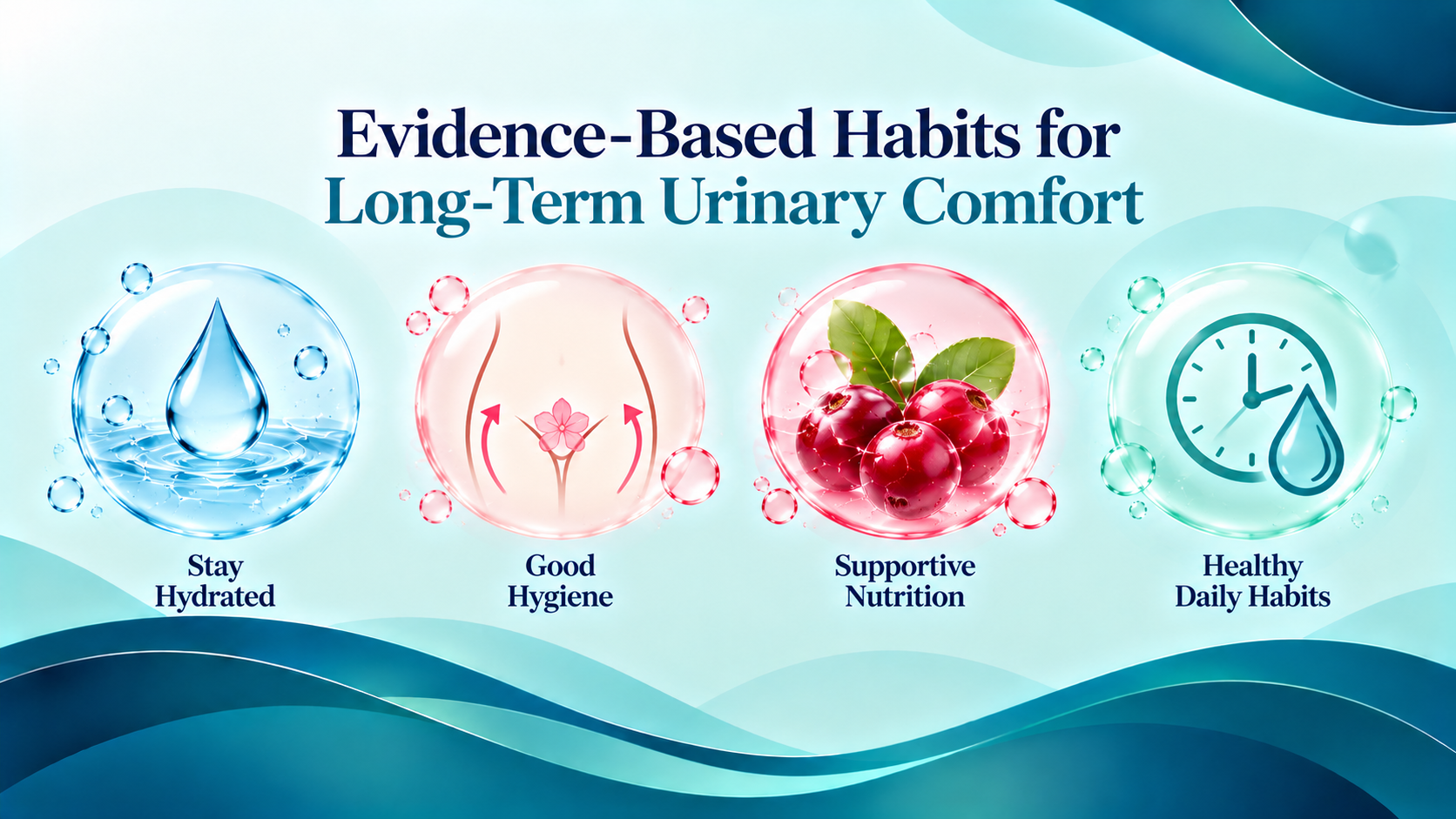 Evidence-based urinary health habits including hydration, gentle hygiene, cranberry support and daily bladder care